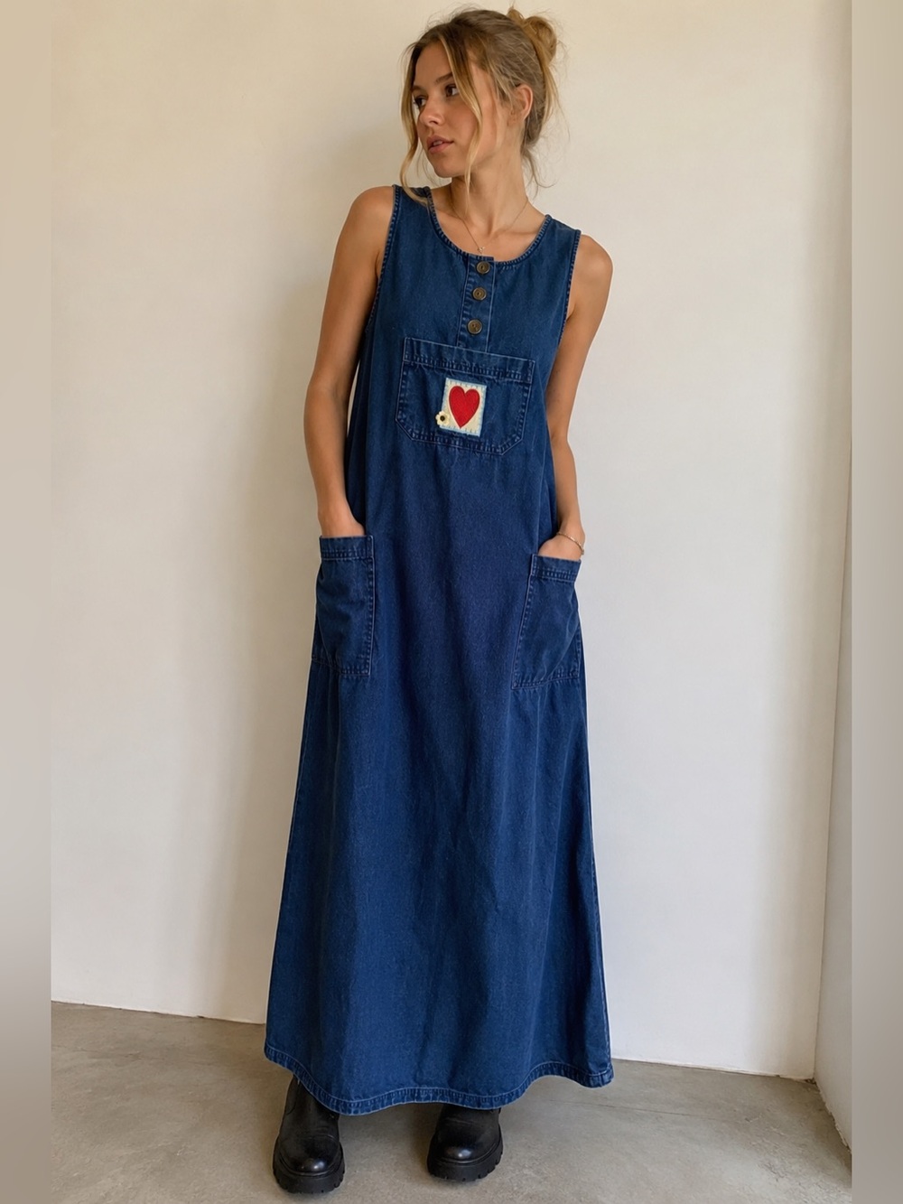 Vintage 90s Christopher & Banks Denim Maxi Jumper Dress Heart Patch M
